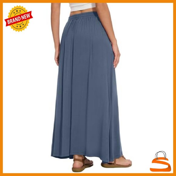 Maxi A-Line Skirt with Pockets, Elastic High Waist, Flowy Casual Style - Picture 4 of 6